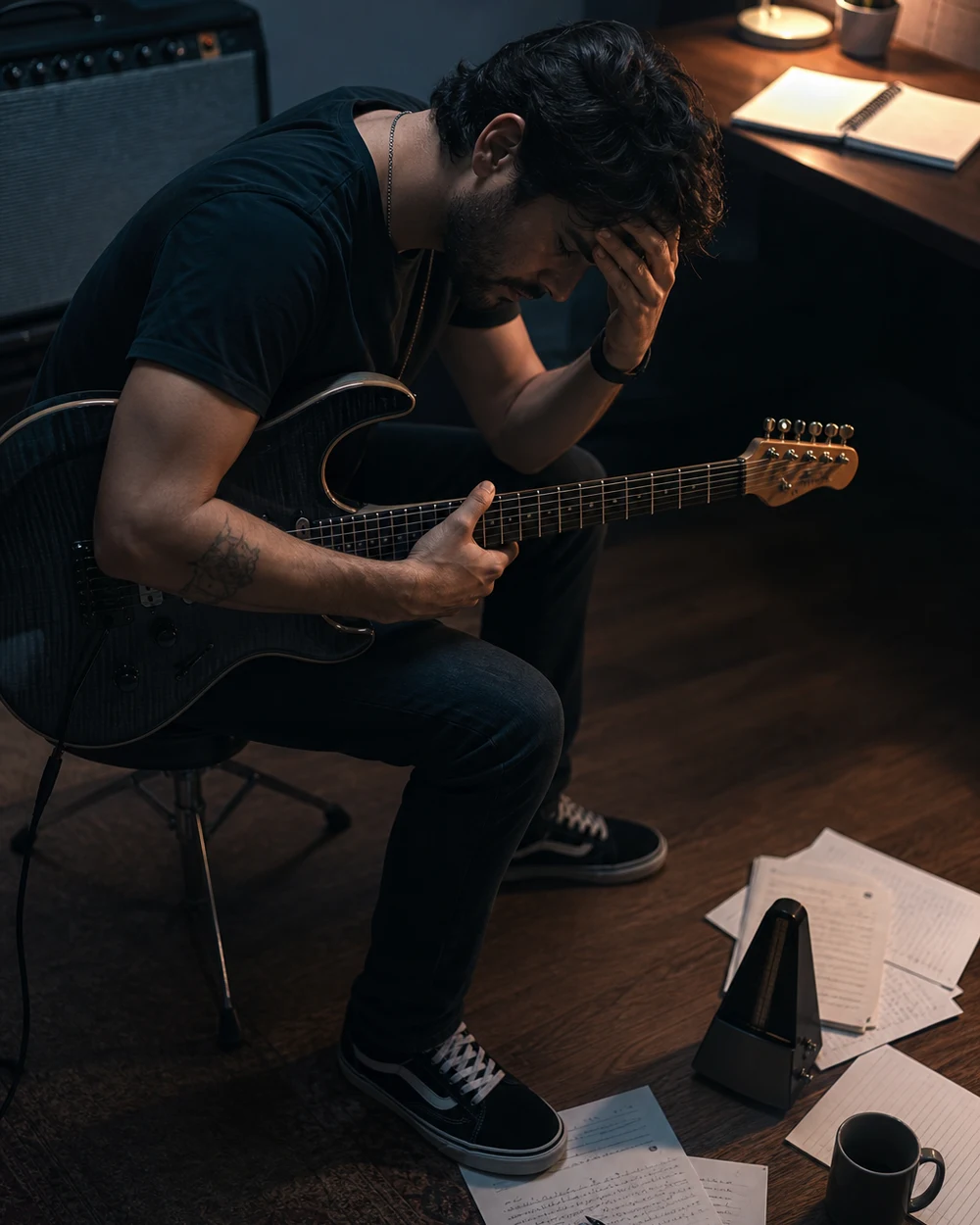 Guitarrista praticando tapping